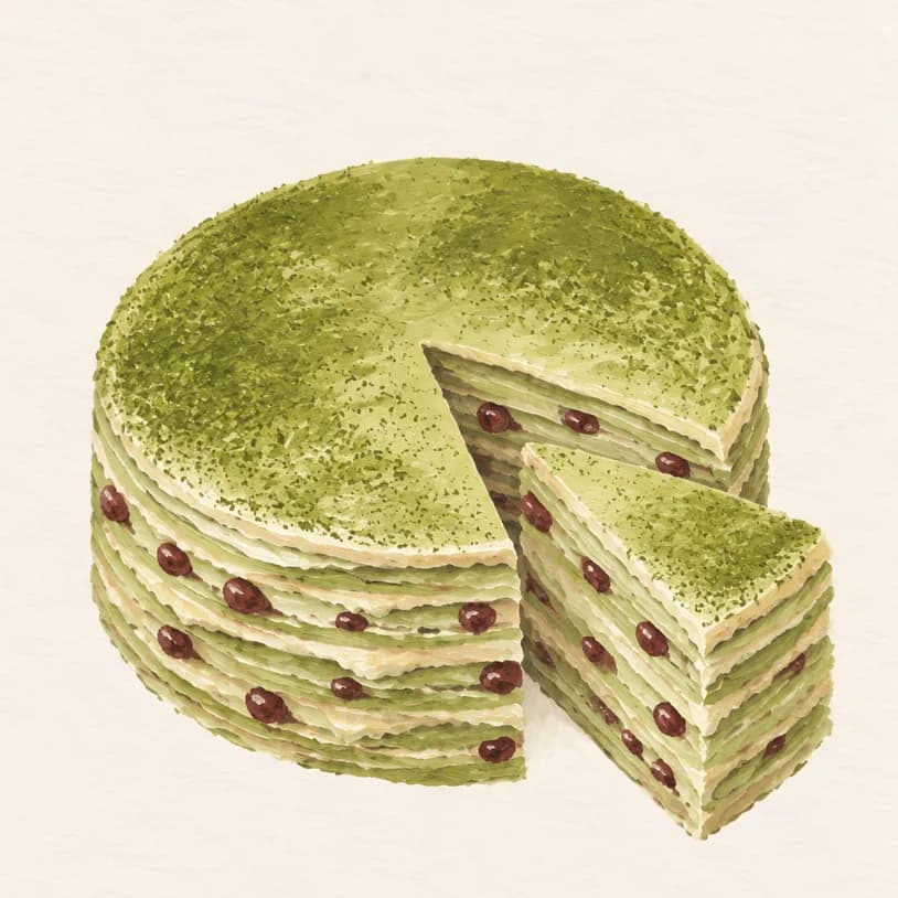 Matcha Red Bean Mille Crêpes — illustration from the Yohaku Sweets menu